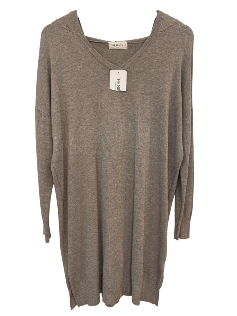 The Nines Sweater Dress Small/Medium Hooded V Neck Long Sleeve Beige Neutral NEW